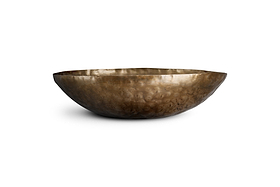 The Malar Hammered Bowl - Brass by nkuku features a wide opening and gently curved sides, serving as an elegant decorative centrepiece. Its textured, hand-crafted surface is adorned with subtle horizontal lines, making it ideal as a display bowl. The piece is photographed against a plain white background.