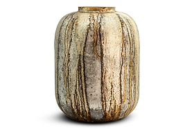 The Hamira Recycled Glass Vase - Silver Rust by nkuku features a tall, cylindrical silhouette with a narrow rim and textured vertical streaks in earthy beige, brown, gray, and subtle rust tones. Crafted from recycled glass with an aged and weathered finish, this vintage-inspired decorative vase showcases a rustic, organic aesthetic against a white background.