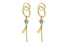The Tumari Amazonite Earrings - Gold by nkuku feature two gold-toned earrings, each designed with interlocking loops, a striking turquoise rectangular amazonite stone at the center, and delicate gold chains that dangle with small rectangular charms at the ends. The elegant and modern design is showcased against a plain white background.