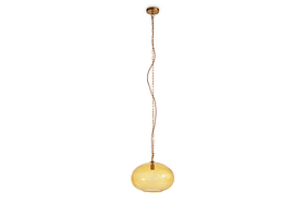 The large, round Otoro Recycled Glass Pendant in Honey by nkuku features a glossy, spherical yellowish-amber shade crafted from recycled glass. Suspended from a long, slender chain and cord connected to a circular ceiling mount, the pendant is finished with a metallic brass fitting cap at the top and has a small opening at the bottom.