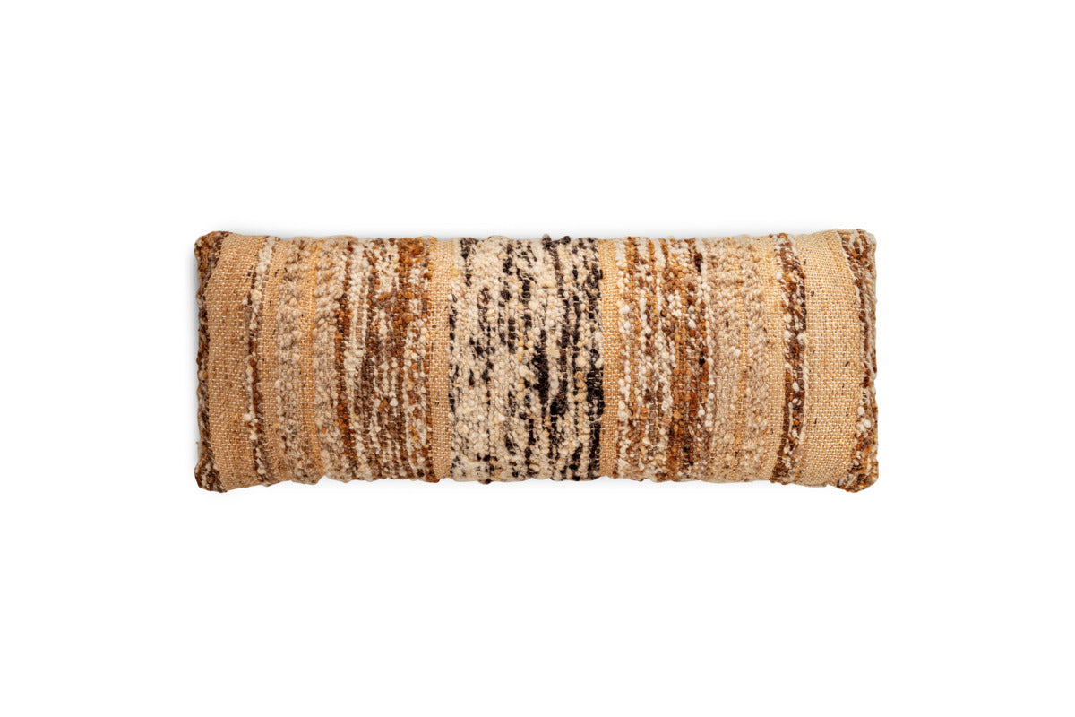 The Maua Statement Boucle Lumbar Cushion Cover by nkuku features horizontal textured stripes in shades of brown, tan, and cream on a plain white background. Crafted with a mix of smooth and chunky weaves—including boucle yarns—this 35 x 80cm cover in mocha creates a rustic, earthy look.