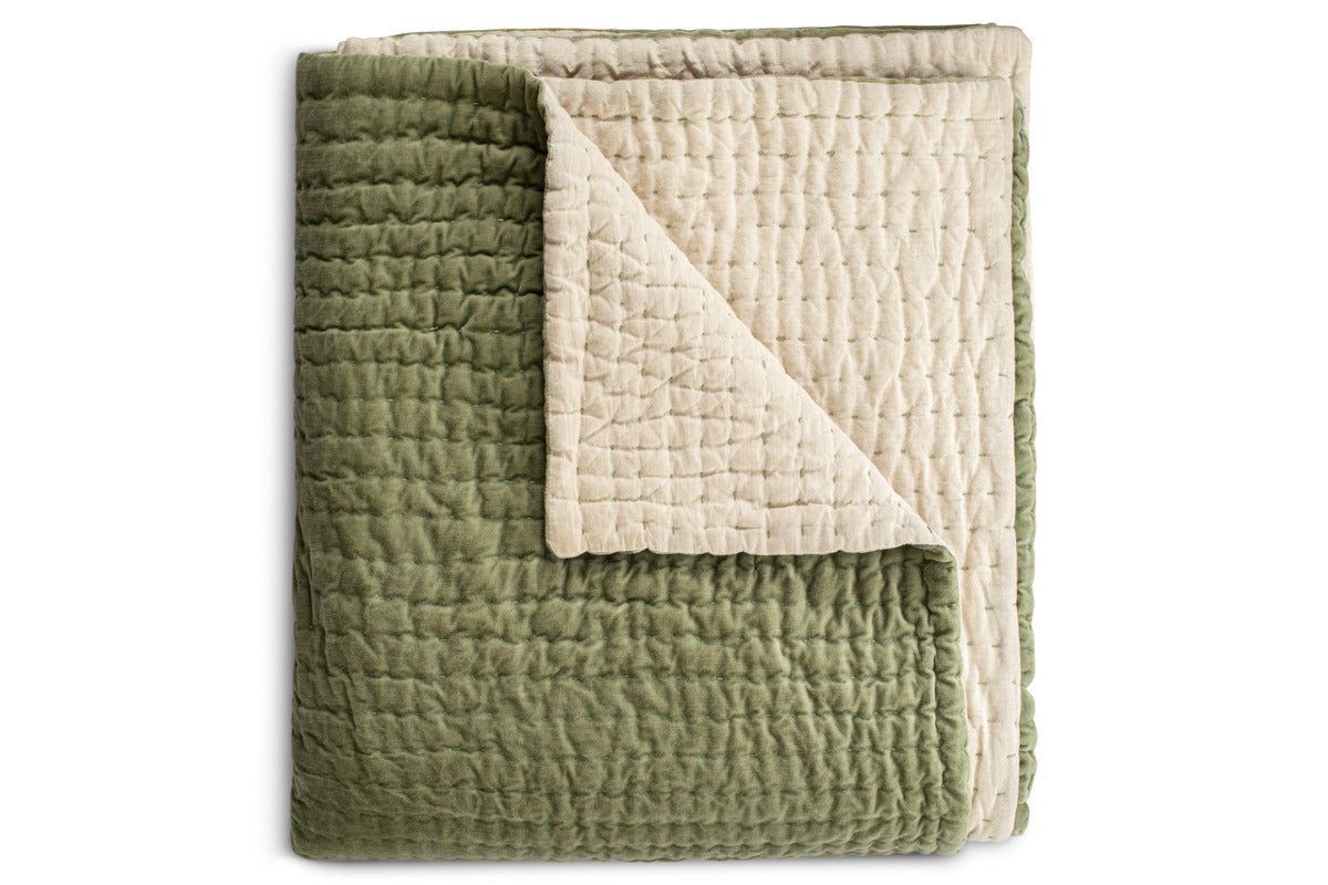 Nidra Velvet & Linen Bed Quilt - Sage Green - 220 x 240cm-TEXTILES-Nkuku