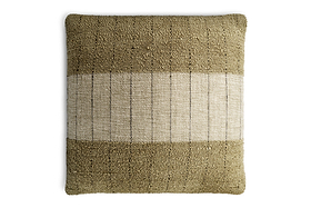 The Mayla Cushion Cover by nkuku features a textured, woven surface and a rectangular 50 x 50cm shape with softly rounded corners. This natural cushion cover displays a wide, horizontal beige stripe with fine vertical lines at the center, bordered by olive green sections on the top and bottom for an inviting look.