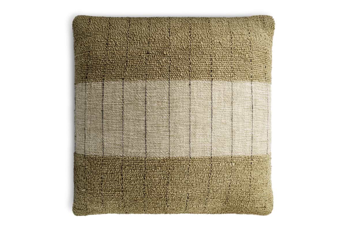 The Mayla Cushion Cover by nkuku features a textured, woven surface and a rectangular 50 x 50cm shape with softly rounded corners. This natural cushion cover displays a wide, horizontal beige stripe with fine vertical lines at the center, bordered by olive green sections on the top and bottom for an inviting look.