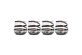 Four clear nkuku Nadia Tumblers in mocha—each adorned with two broad, horizontal dark brown swirled stripes—are arranged in a neat row against a white background. Empty and uniform in their modern design, these glasses exemplify contemporary drinkware with the distinctive accent of this set of 4.