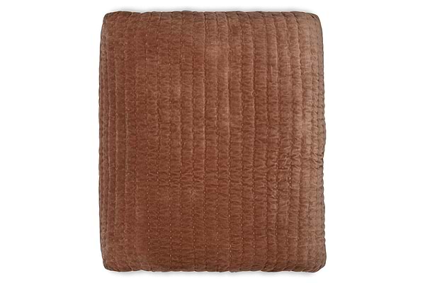 The Nidra Velvet & Linen Bed Quilt - Rust by nkuku is shown folded from above on a white background, featuring soft brown cotton velvet with a grid-stitched pattern—ideal for King or Super King beds.