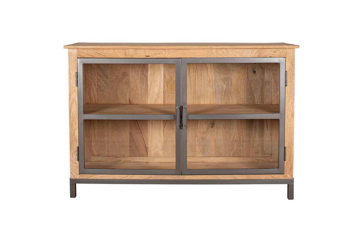 The nkuku Nirvi Mango Wood & Iron Sideboard - Black features two glass doors, metal frame accents, an interior shelf, and stands on four short metal legs against a white background.