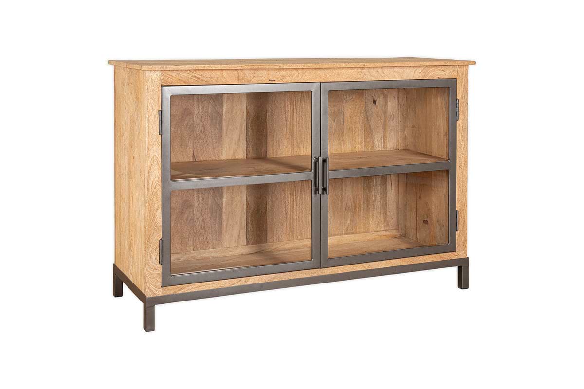 The Nirvi Mango Wood & Iron Sideboard - Black by nkuku features two glass doors, two interior shelves, a natural mango wood finish, a sturdy black metal frame, and four robust metal legs for an industrial look.