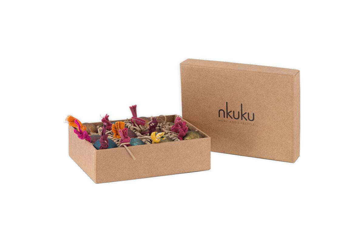 A rustic brown cardboard box by nkuku, labeled on the lid, opens to reveal 12 Oko Mini Baubles - Mixed Matt, each neatly arranged in separate compartments against a plain white background.