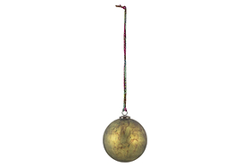 The nkuku Oko Giant Bauble in matt green features a metallic, subtly mottled finish and hangs from a colorful patterned string—an elegant accent for your festive décor against any plain white background.
