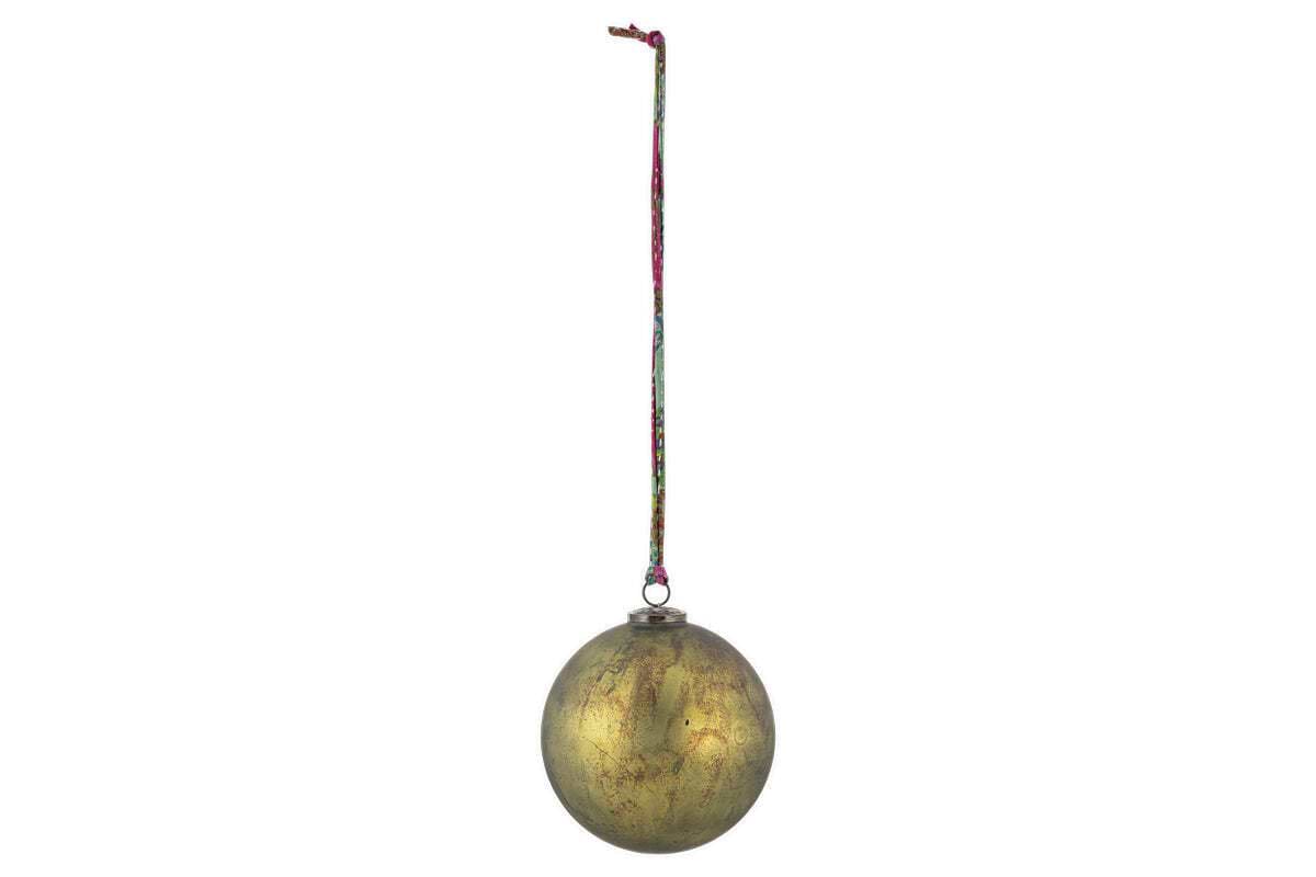The nkuku Oko Giant Bauble in matt green features a metallic, subtly mottled finish and hangs from a colorful patterned string—an elegant accent for your festive décor against any plain white background.