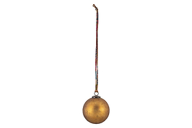 The nkuku Oko Giant Bauble - Matt Gold features a slightly mottled finish and hangs from a vibrant, patterned ribbon, making it a charming addition to festive décor against any plain background.