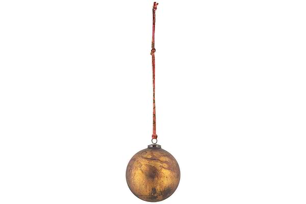 The nkuku Oko Giant Bauble in matt gold is an oversized, metallic oval ornament with a tarnished finish. It hangs from a red and orange string by a small loop, ideal for festive décor, and is shown against a plain white background.