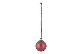 The nkuku Oko Giant Bauble - Matt Bordeaux features a slightly weathered red finish and a small metal cap, hanging from a multicolored string. Its elegant design makes it a charming addition to any festive display.