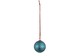 The nkuku Oko Giant Bauble - Matt Teal features a weathered blue-green finish and hangs from a thin red string against a white backdrop, offering a simple, centered look that’s ideal for festive displays or unique Christmas decorations.