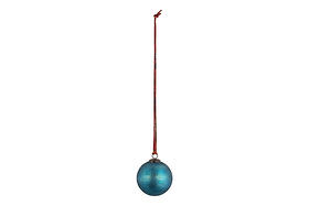 The nkuku Oko Giant Bauble in matt teal, shaped like an egg with a metallic finish, hangs from a long red ribbon against a white background—a simple yet elegant addition to any festive Christmas display.