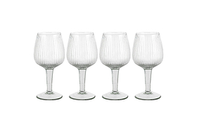 The Otuba Wine Glass - Clear (Set of 4) from nkuku features four recycled glass wine glasses with vertical ribbing, displayed in a row against a white background.
