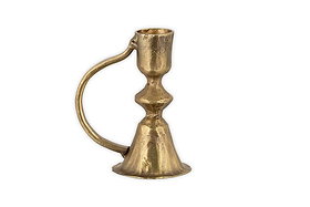 The Prema Candle Holder by nkuku features antique brass with a curved handle, flared base, and subtle hammered finish, shown against a white background.