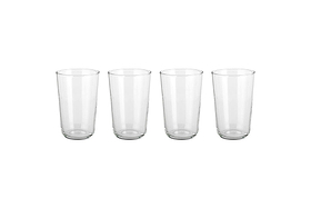 The nkuku Pani Highball - Clear (Set of 4) features four elegant glass tumblers, ideal for everyday dining, displayed in a row on a plain white background to highlight their simple, refined design.