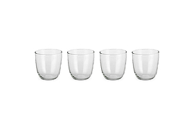 The nkuku Pani Tumbler - Clear (Set of 4) features lightweight, durable recycled glass tumblers arranged on a white background.