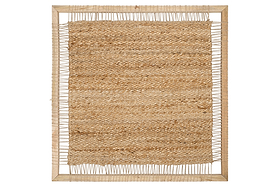 The Pemali Woven Jute Wall Art by nkuku features a rectangular natural jute mat with a rough, tan texture and uneven edges, tightly framed in light mango wood for a handloom-inspired, rustic look with visible string attachments.