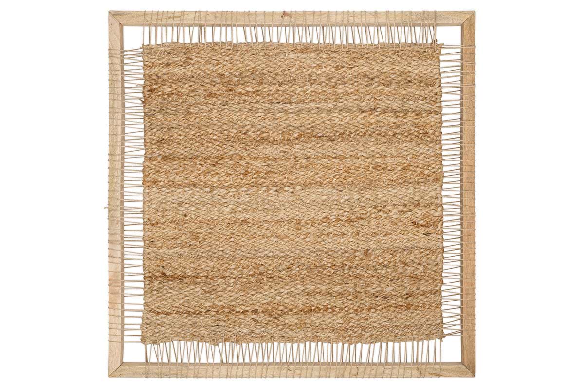 The Pemali Woven Jute Wall Art by nkuku features a rectangular natural jute mat with a rough, tan texture and uneven edges, tightly framed in light mango wood for a handloom-inspired, rustic look with visible string attachments.