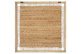 The Pemali Woven Jute Wall Art - Natural by nkuku features a rectangular jute mat in tan and brown, tightly framed in light mango wood. Visible threads and uneven edges give this handloom-inspired piece a rustic, handcrafted feel.