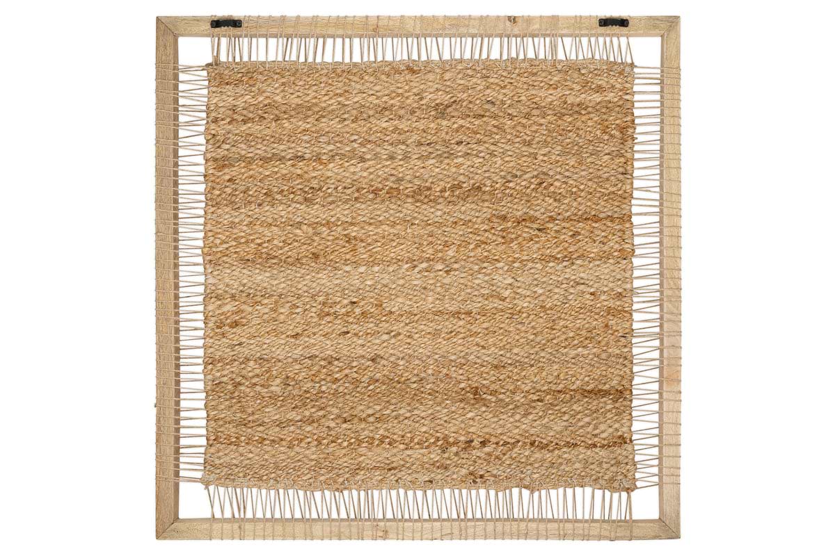 The Pemali Woven Jute Wall Art - Natural by nkuku features a rectangular jute mat in tan and brown, tightly framed in light mango wood. Visible threads and uneven edges give this handloom-inspired piece a rustic, handcrafted feel.