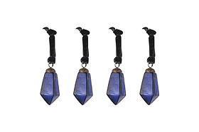 The nkuku Ratnam Baubles - Indigo - Small (Set of 4) feature faceted deep blue crystal points with an antique glass finish on black velvet ribbons. Each ribbon is topped with a black crow figurine for a gothic, elegant look.