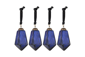 The nkuku Ratnam Baubles - Indigo - Large (Set of 4) feature geometric, faceted deep blue glass with an antique finish, textured surfaces, silver-colored caps, and black cords—bringing classic elegance to your holiday decor.