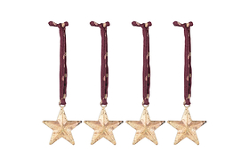 The Roshani Star Baubles - Antique Brass (Set of 4) by nkuku feature sleek gold star silhouettes with an antique brass finish and red string for hanging.