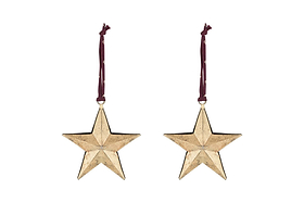 The nkuku Roshani Star Baubles - Antique Brass (Set of 2) feature five-pointed gold stars with a textured finish, hanging from burgundy ribbons and perfect for festive decor.