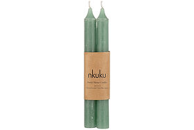 The nkuku Rustic Soy Blend Dinner Candle - Sage Green (Set of 2) features two textured sage green candles with visible wicks, bundled together with a brown paper label.