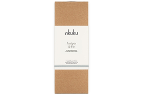 The Juniper & Fir Reed Diffuser by nkuku comes in a minimalist rectangular brown box with a central white label, displaying the brand name and scent—ideal for gifting this bespoke fragrance.