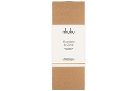 The nkuku Mandarin & Clove Reed Diffuser comes in a rectangular box with a simple brown and white design, orange accent line, and minimal text, offering a festive spiced mandarin fragrance.