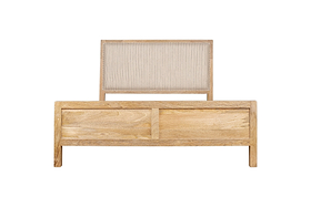 The Sanja Stripe Bed - Natural by nkuku features a solid mango wood frame, a beige cotton upholstered headboard, and a rectangular footboard, shown against a white background.