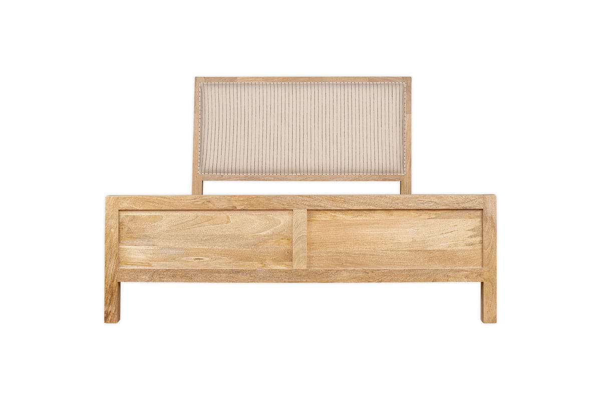 The Sanja Stripe Bed - Natural by nkuku features a solid mango wood frame, a beige cotton upholstered headboard, and a rectangular footboard, shown against a white background.