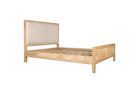 The Sanja Stripe Bed - Natural by nkuku is crafted from solid mango wood and features a stylish white cotton headboard.