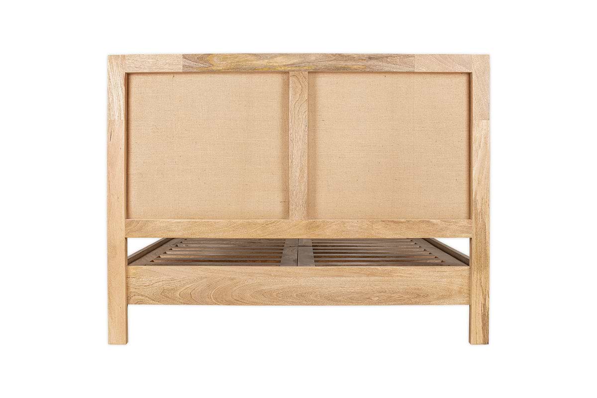 The nkuku Sanja Stripe Bed - Natural features a solid mango wood frame with a light finish, a cotton headboard with two rectangular panels, and a visible slatted base for a simple, modern look.