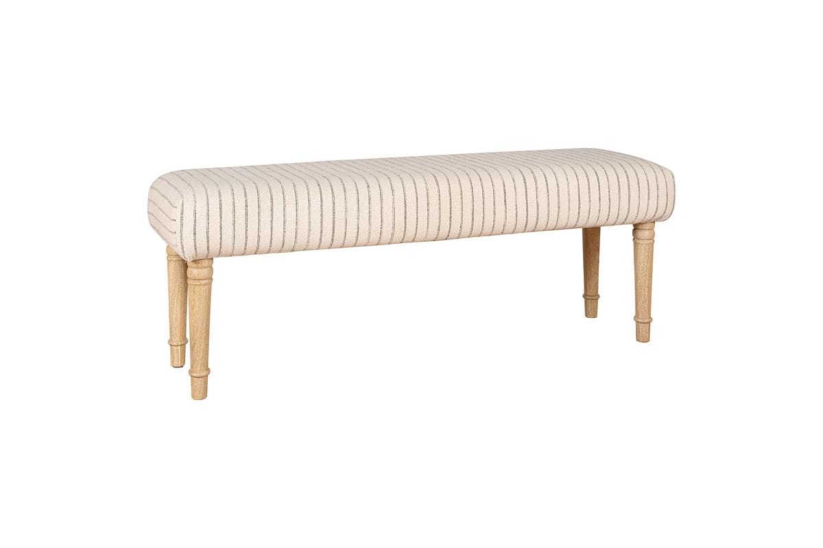 The Sanja Stripe Upholstered Bench - Grey by nkuku features thin black stripes on natural cotton and stands on four light wooden legs, ideal for placing at the end of your bed. Photographed against a white background.