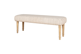 The nkuku Sanja Stripe Upholstered Bench in grey features natural cotton upholstery with striped design and four light wooden legs, ideal for placing at the end of a bed. Shown against a white background.