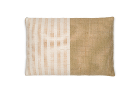 The Samata Recycled Cushion Cover - Moss by nkuku features a rectangular design with vertical white and beige stripes on the left, a solid beige woven pattern on the right, and is photographed against a white background.