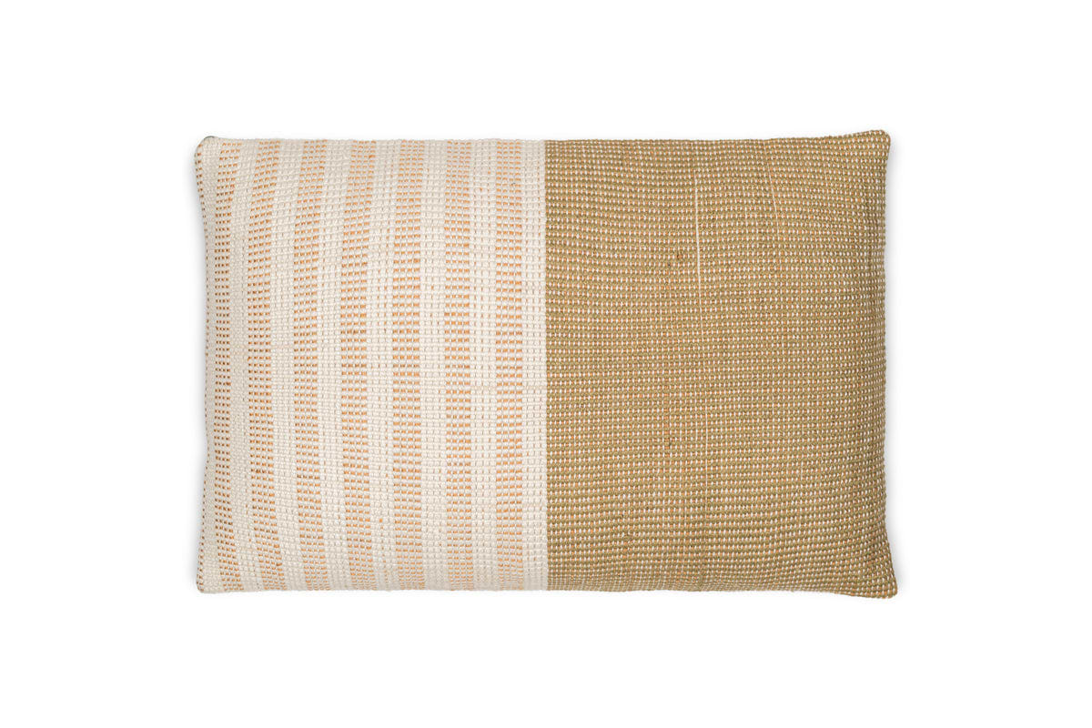 The Samata Recycled Cushion Cover - Moss by nkuku features a rectangular design with vertical white and beige stripes on the left, a solid beige woven pattern on the right, and is photographed against a white background.