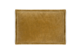 The Sela Velvet Cushion Cover - Ochre by nkuku is a rectangular cushion cover in mustard yellow with a soft, plush velvet texture, displayed on a white background.