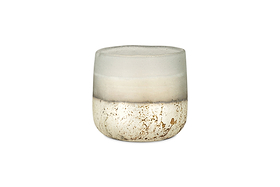 A small, round nkuku glass tumbler with a frosted upper half and gold-speckled lower half, against a white background—ideal for holding the Cardamom & Amber 1 Wick Scented Candle.