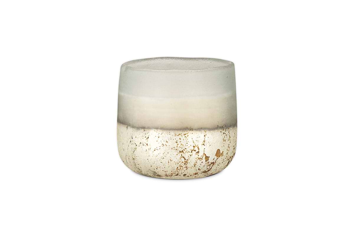 A small, round nkuku glass tumbler with a frosted upper half and gold-speckled lower half, against a white background—ideal for holding the Cardamom & Amber 1 Wick Scented Candle.