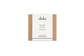 A nkuku Sea Salt & Moss 3 Wick Scented Candle in eco-friendly brown and white packaging features a bespoke, soothing fragrance and a recyclable clear holder. Expertly crafted in the UK.