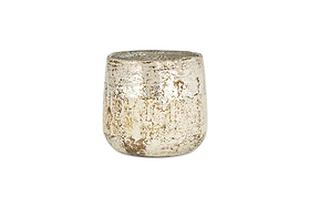 The Juniper & Fir 1 Wick Scented Candle by nkuku features a rustic, round silver and gold metallic container with a weathered, textured surface, designed to be reused, displayed here against a plain white background.