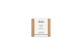 A small square box with a minimalist nkuku Juniper & Fir label in black on white holds the Juniper & Fir 1 Wick Scented Candle, offering elegant, sustainable reuse in its vessel.