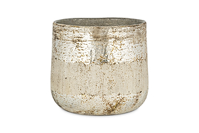 The nkuku Juniper & Fir 3 Wick Scented Candle comes in a metallic, cylindrical vessel with a textured, weathered silver finish—its wide opening and tapered shape make it both stylish and functional.